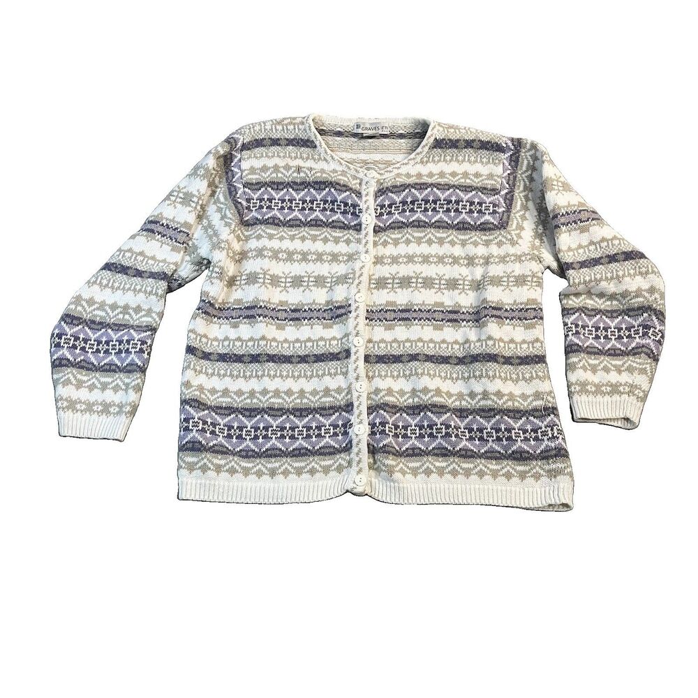 Dress Barn Nordic Button Up Cardigan Sweater Gray Blue Long Sleeve Size 14/16